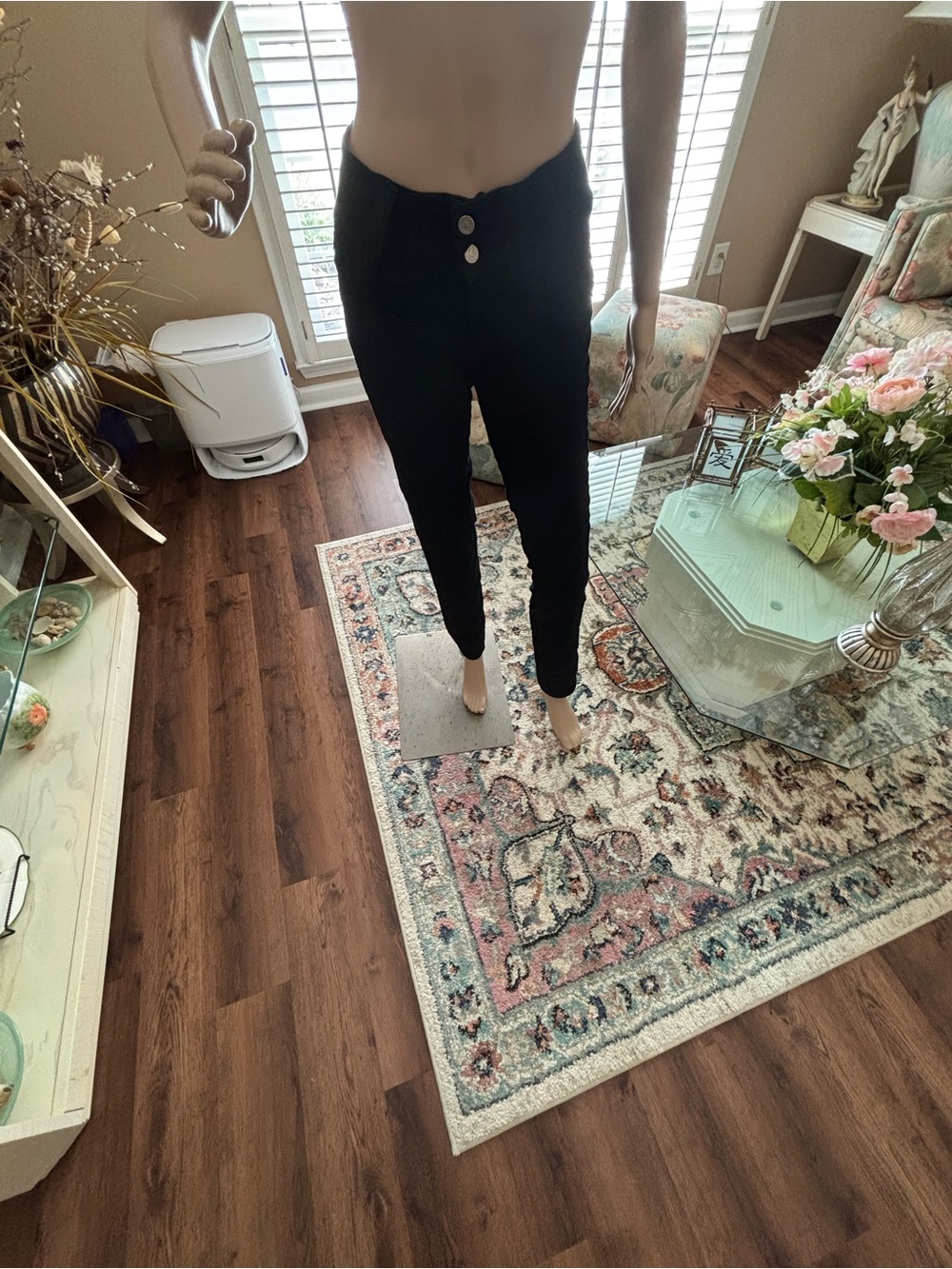 High-Rise Black Skinny Jeggings with Double Button Waist